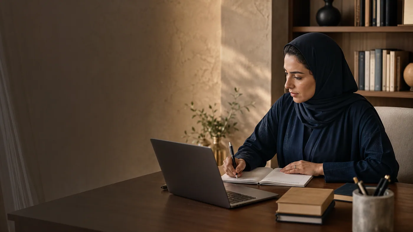 متعلّمة تراجع محتوى تدريبيًا وتدوّن ملاحظاتها.