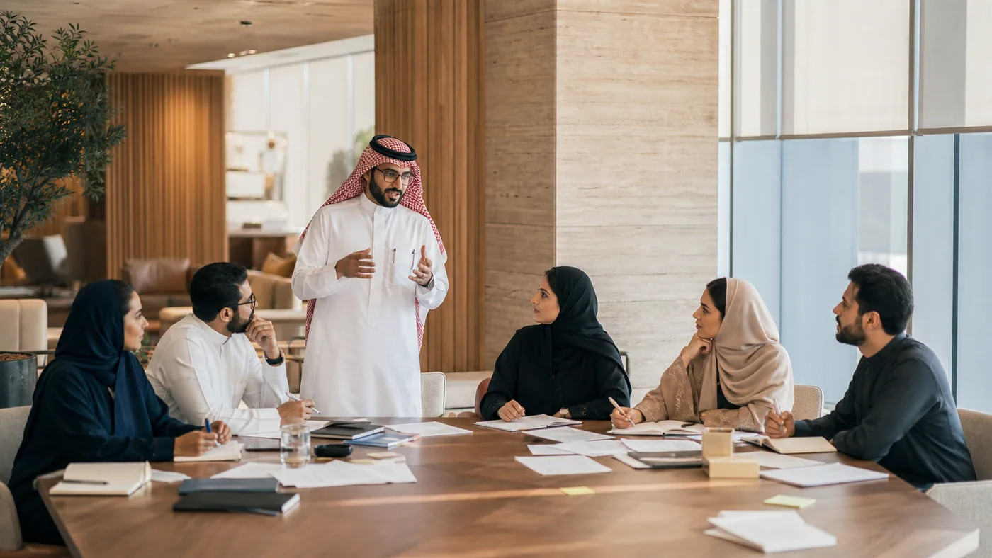 فريق مهني في جلسة تطوير داخل بيئة عمل.
